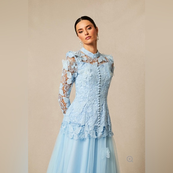 Embroidered Light Blue Lace Maxi Dress | Long Sleeve Formal | New with Tags - Picture 2 of 11